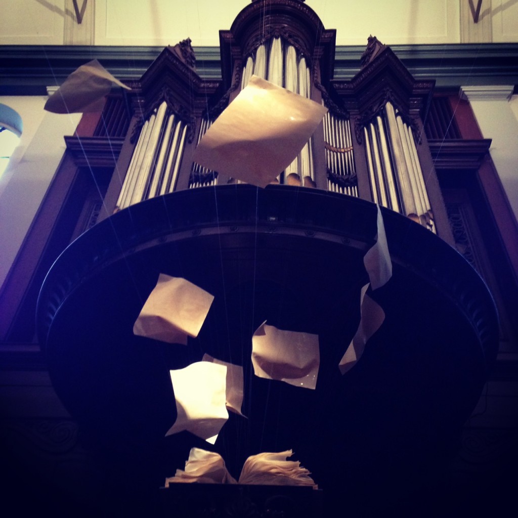 Exploding book in the pulpit of the De Krijtberg Church in Spui, Amsterdam where some of the sprint took place